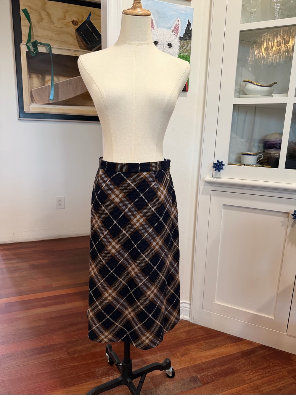 Burberry Vintage Navy Plaid Midi Skirt with Brown Accents